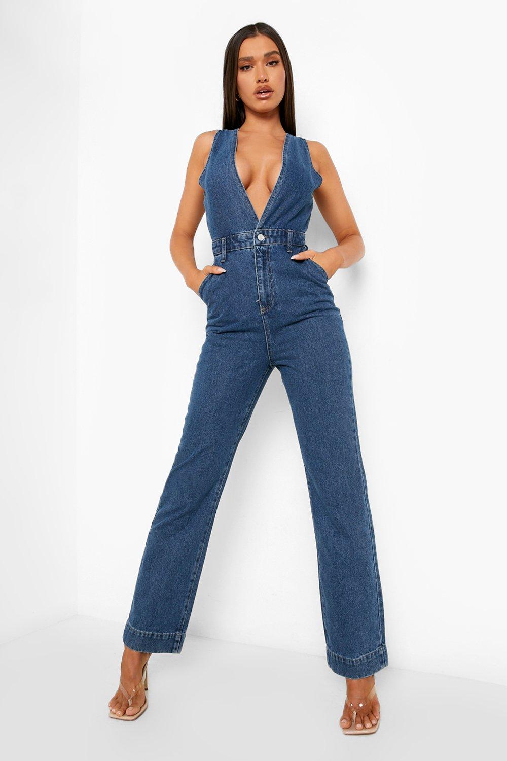 Plunging hotsell denim jumpsuit